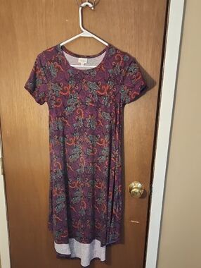 LuLaRoe Purple Paisley Short Sleeve Midi Dress with Teal & Orange Accents